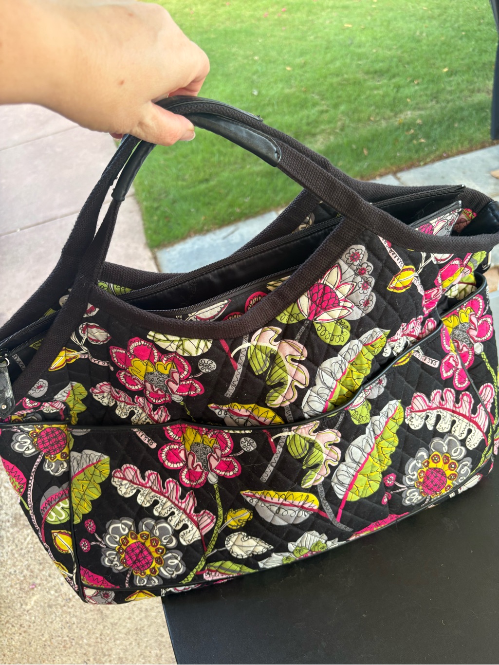 Vera Bradley Black Quilted Floral Tote With Pink & Lime Accents